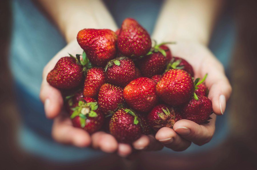 Dos manos sostienen un puñado de fresas maduras