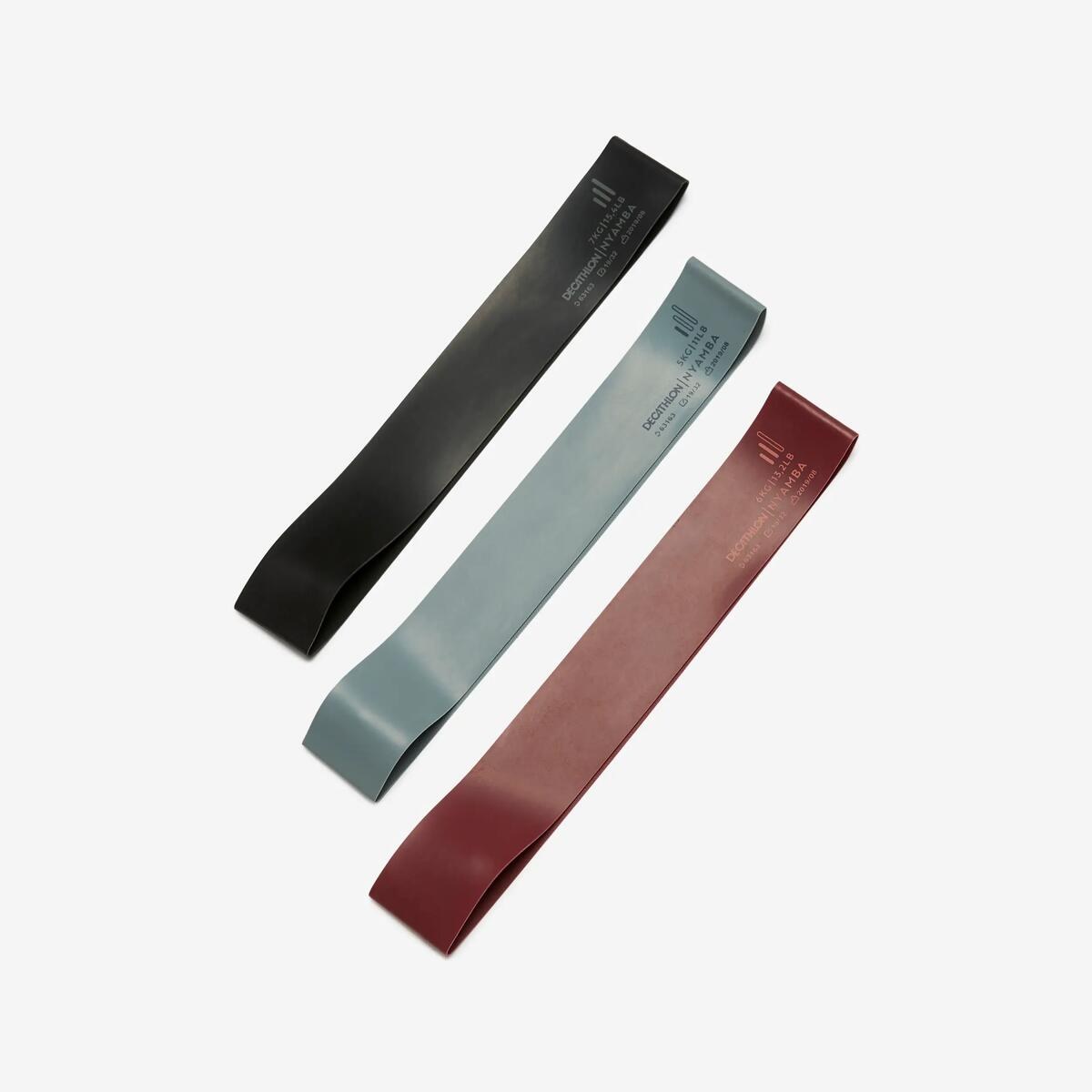 Set de 3 minibands DOMYOS: bandas elásticas en negro, gris azulado y burdeos